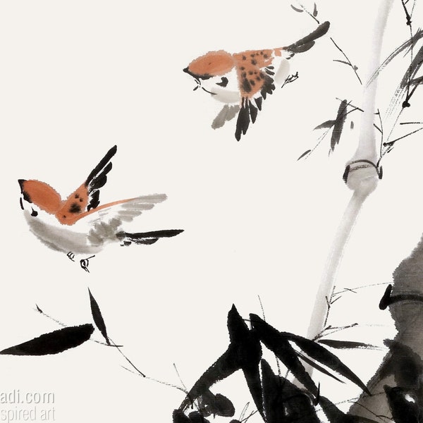 Sparrows in Bamboo — printed poster of my original sumi-e birds and flowers art, add a stone seal imprint for free