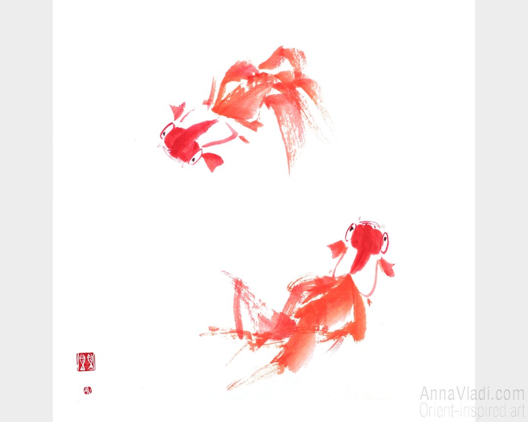 Goldfish in Circle Original Painting in Japanese Sumie Etsy