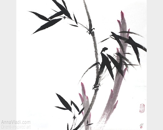 水墨山水1 Sumi-e Bamboo and the Full Moon — Original Ink Painting on