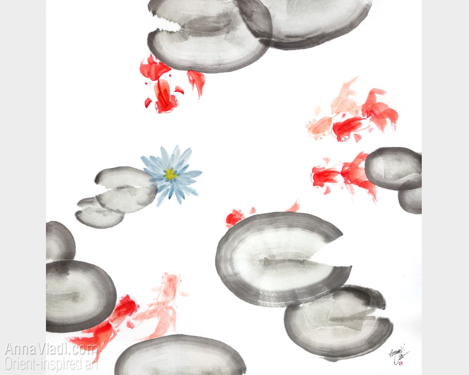 Goldfish and Water Lily Original Sumie Art in Natural Etsy