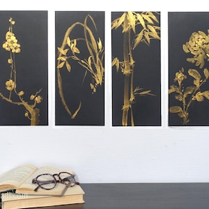 Four Nobles — Pflaumenblüte, wilde Orchidee, Bambus, Chrysantheme — Set von 4 originalen Sumi-e Gemälden in japanischer Tusche auf Reispapier, Zen-Kunst