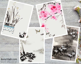 Cartes postales sur le thème du printemps — Ensemble de 4 tirages de mon art sumi-e (fleurs de narcisse, cerisier Sakura, papillons, fleurs de perce-neige)