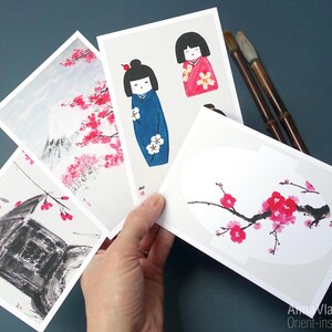 Postales con temática japonesa: juego de 4, impresas a partir de arte sumi-e original (linterna con flores de cerezo, monte Fuji, jardín japonés, muñecas kokeshi)