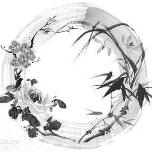 Die vier edlen: Orchidee Bambus Chrysantheme Pflaumenblüte — Original Sumi-e Gemälde in Enso Zen Kreis, Feng Shui Kunst