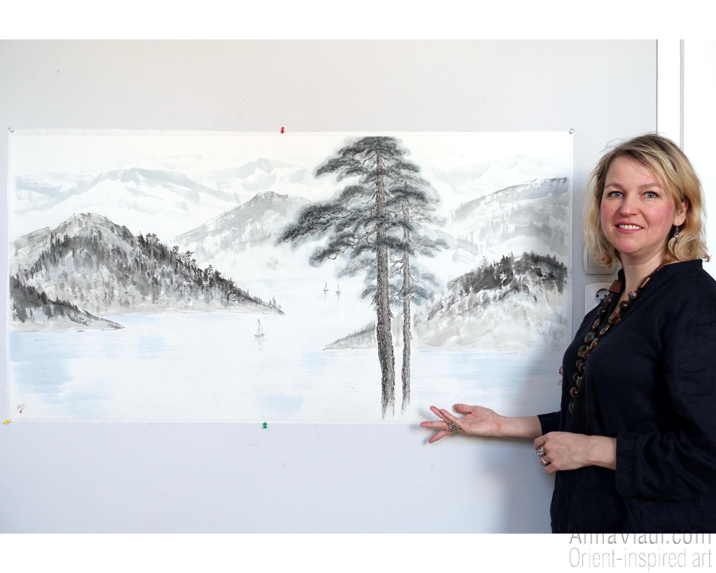 Large Sumi-e Landscape Painting: Pine Trees, Mountains, Japanese
