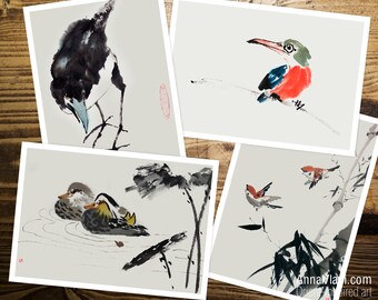 Bird Postcards — Ensemble de 4, imprimé à partir de mes peintures originales sumi-e