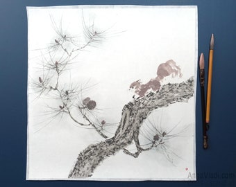 Squirrel on a Pine Tree — original sumi-e painting in Japanese ink on rice paper