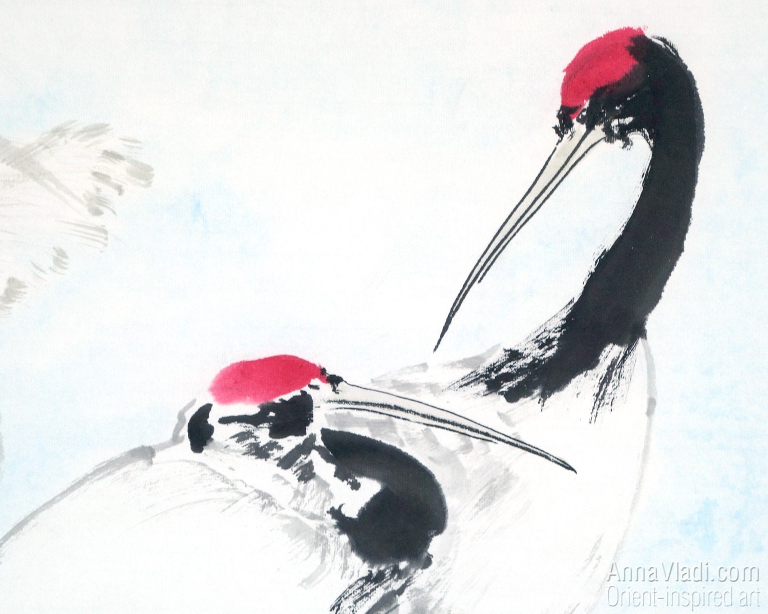 Japanese Cranes — Original Sumi-e Painting of Storks Couple