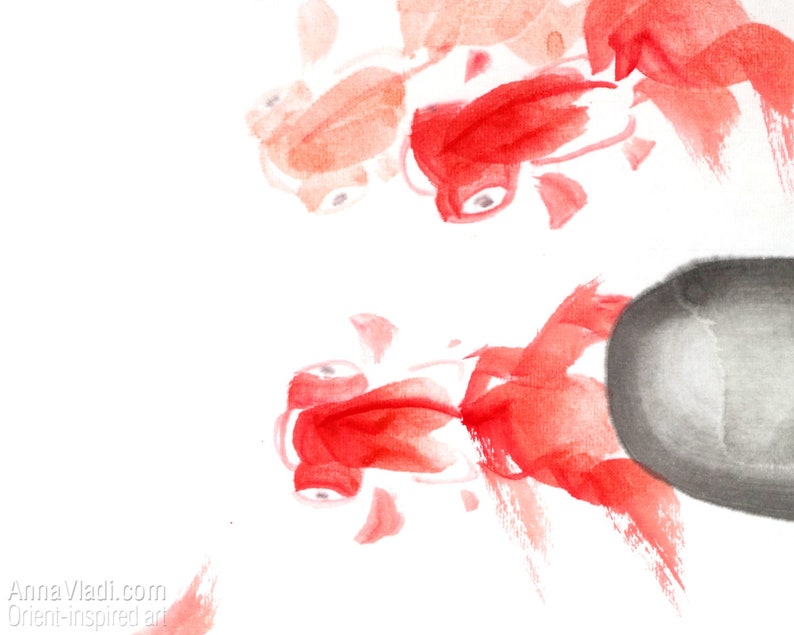 Goldfish and Water Lily Original Sumie Art in Natural Etsy