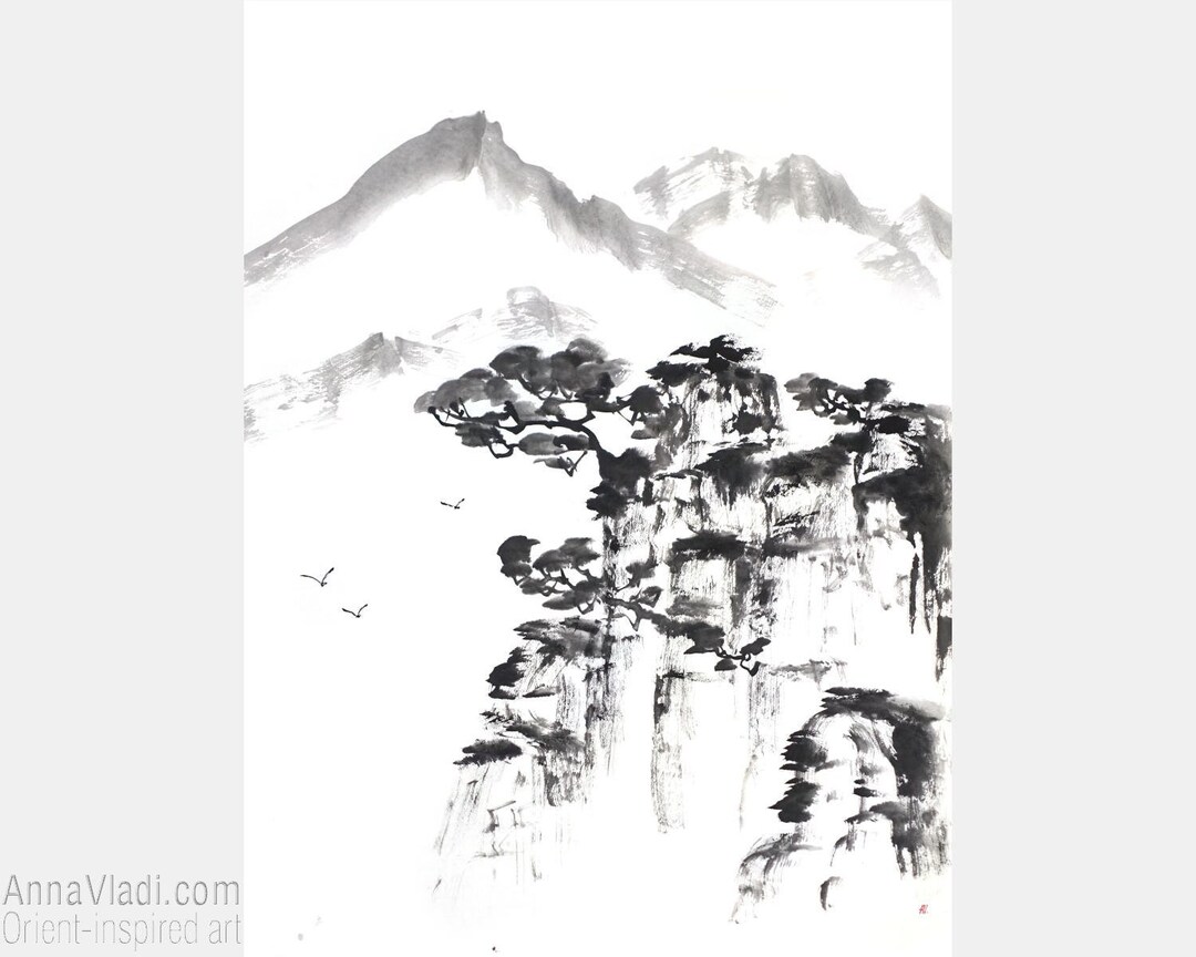 Sumie Mountains Original Painting in Japanese Zen Art Style, Oriental