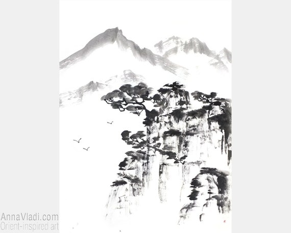 Sumi-e Mountains Original Painting in Japanese Zen Art Style, Oriental  Rocks and Trees Landscape in Black Ink on Rice Paper 