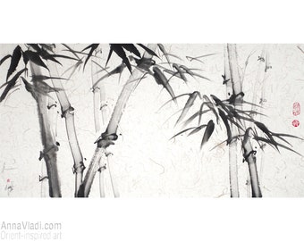墨絵　Sumi-e a painting in black ＆white Sumi-e Bamboo — Original Ink Painting on Rice Paper