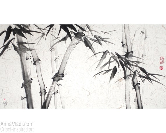 Sumi-e Bamboo Original Painting: Japanese Zen Art on Rice