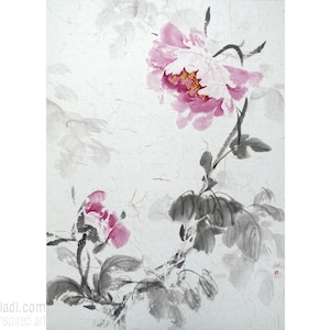 Peonies Sumi-e - dipinto originale su carta di riso grezza con inchiostro giapponese e pigmenti minerali, arte botanica orientale, acquerello cinese