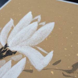 White Magnolia Flowers Original Sumi-e Painting On Rare Rice Paper With Golden Flakes image 4