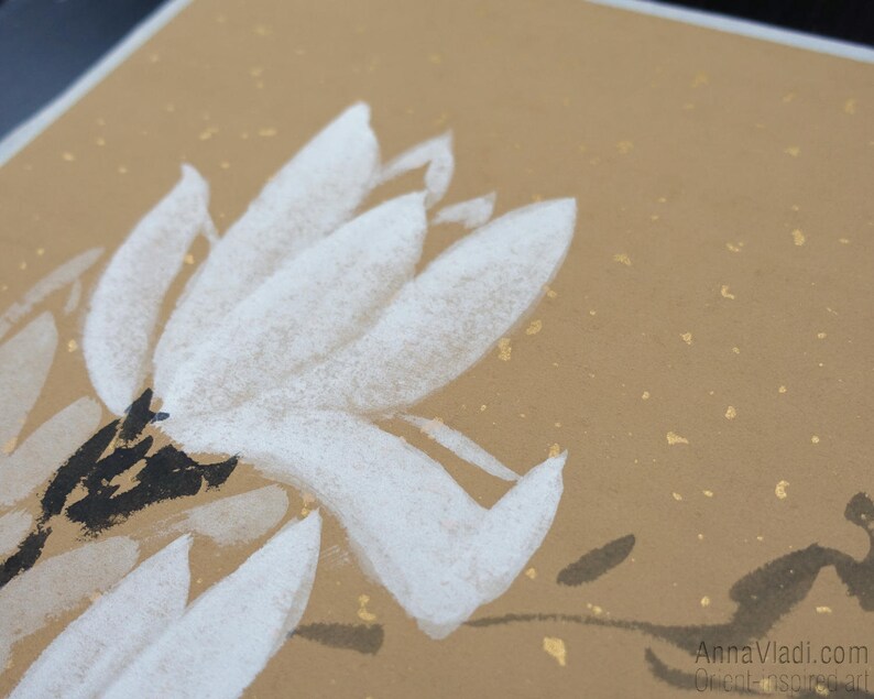 White Magnolia Flowers Original Sumi-e Painting On Rare Rice Paper With Golden Flakes image 4