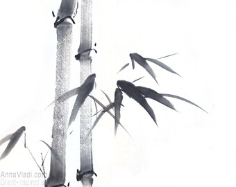 墨絵冬の竹画：和紙に描かれた俳句の書道アート - Etsy 日本