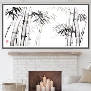 Bamboo sumi-e — original painting, 133×63 cm, Japanese ink on rice paper, large wall art