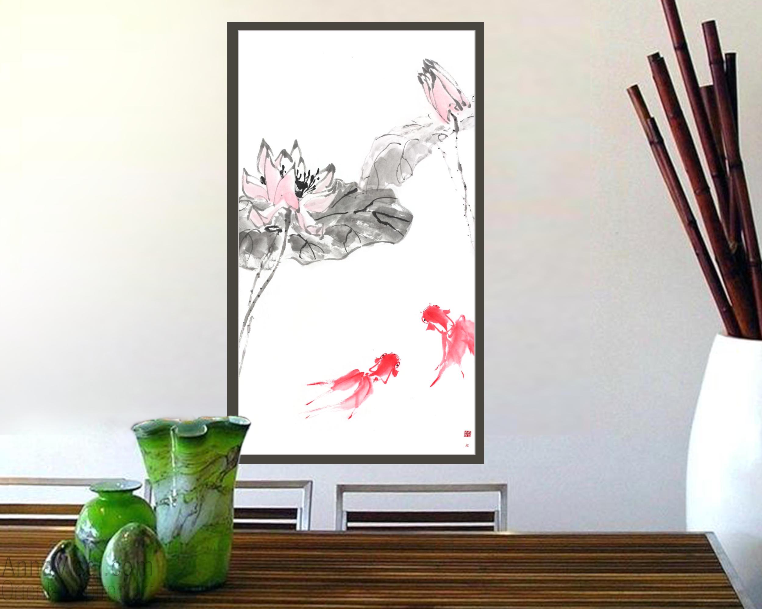 墨絵 抽象作品 和紙 金魚と蓮の墨絵：和紙に墨で描いた禅アート - Etsy 日本