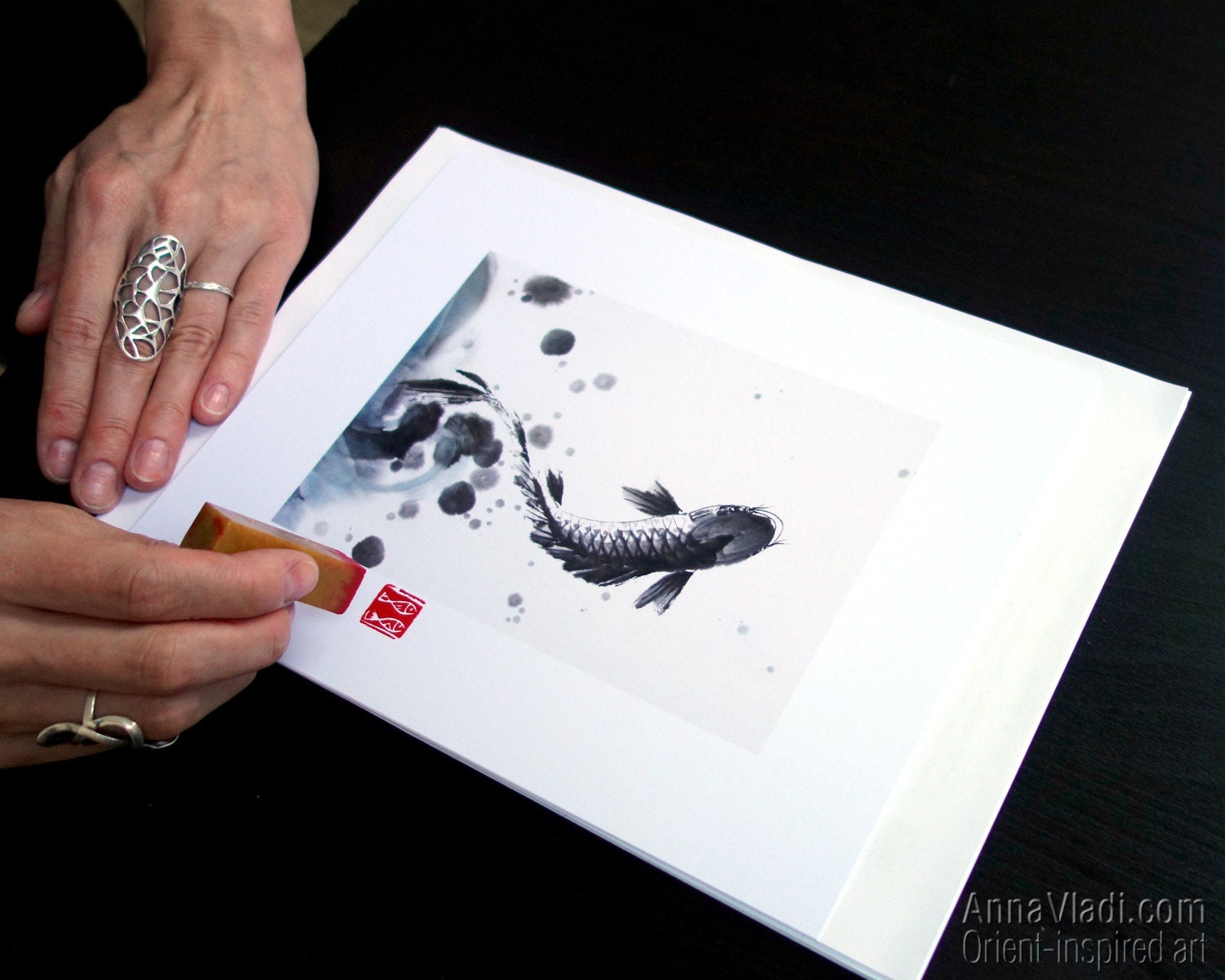 Koi Fish Sumi-e Print: Feng Shui Zen Art, Add a Free Japanese Seal