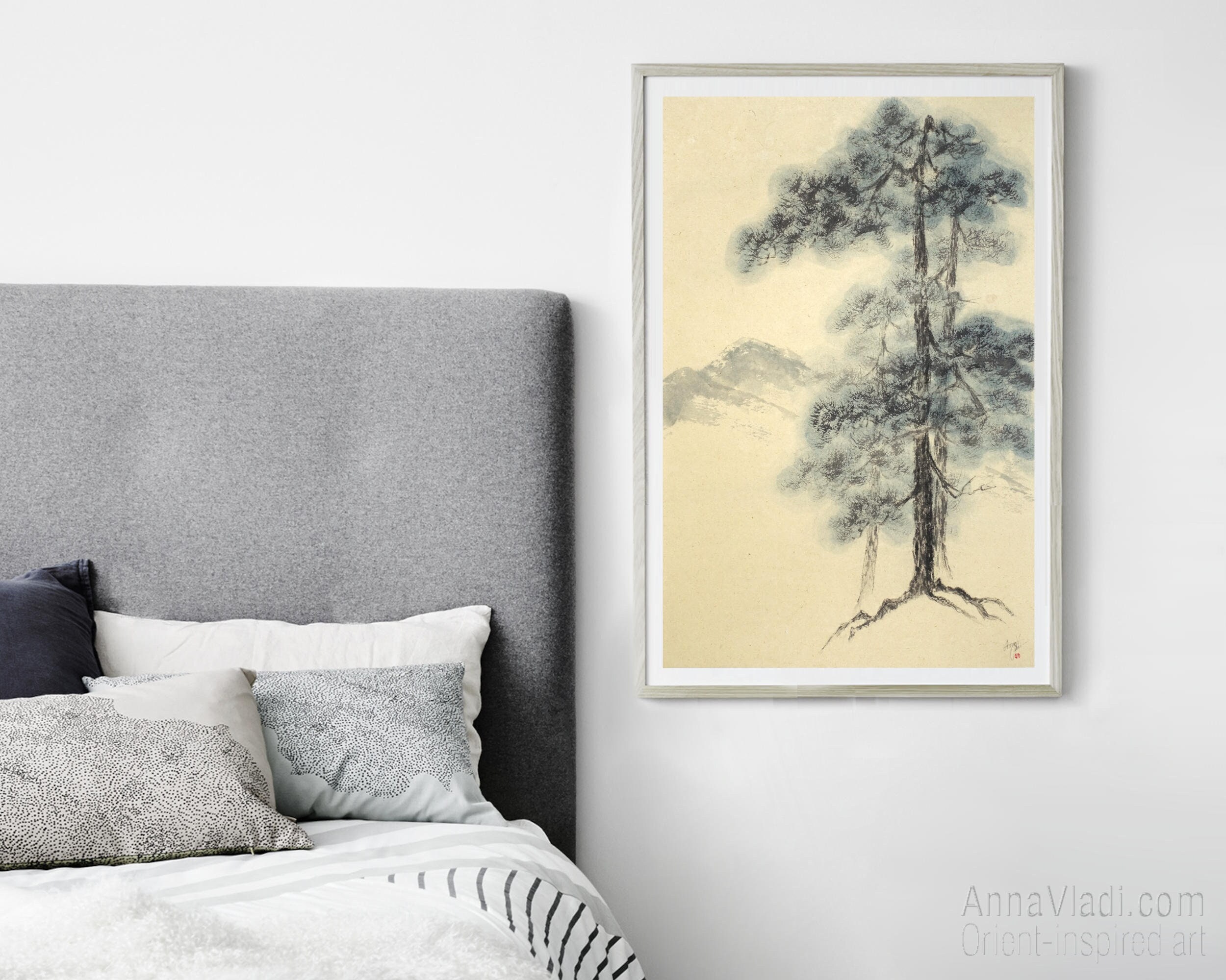 Pine Trees Landscape — Original Sumi-e Painting in Japanese