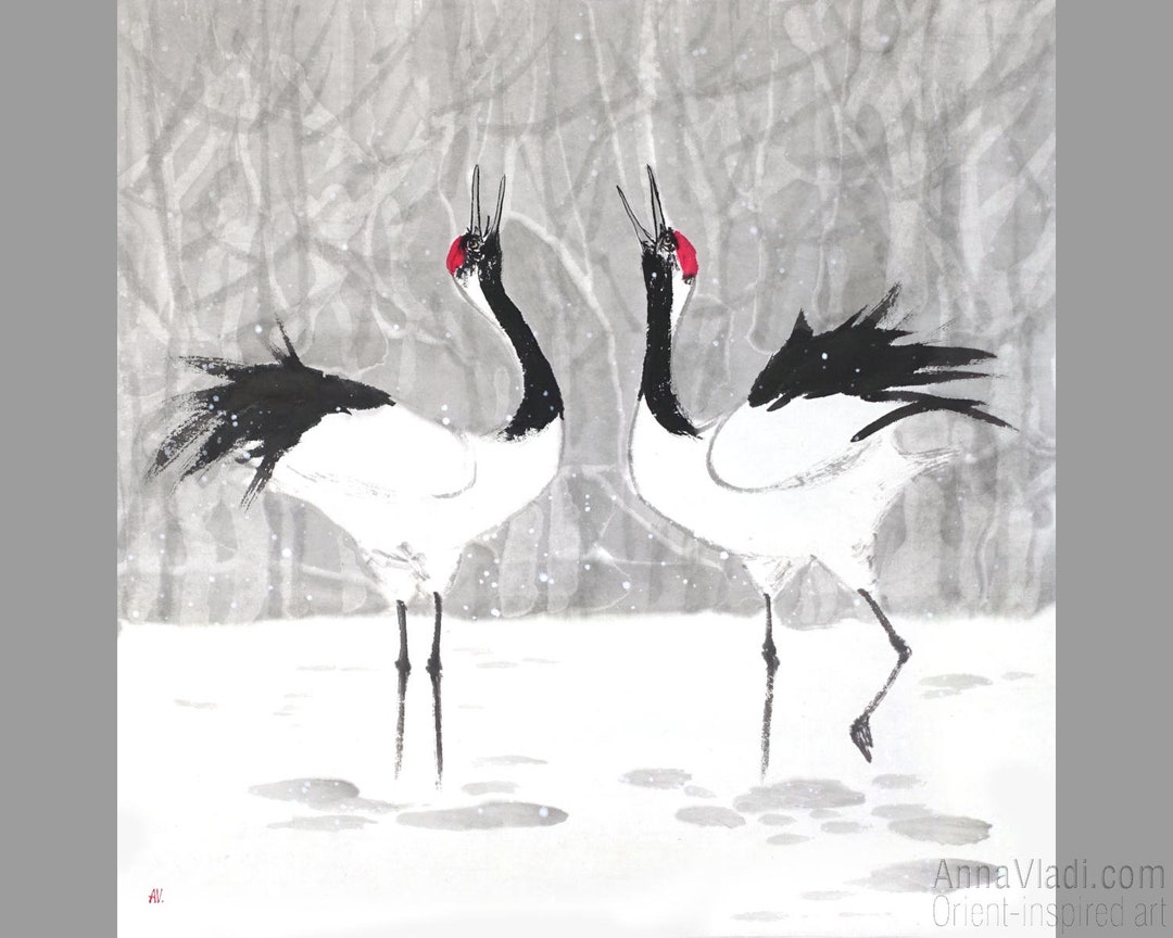 Japanese Crane Birds Dancing in Snow — Original Sumi-e