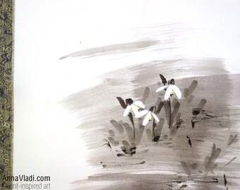 Fleurs de perce-neige — fleurs de printemps, grand rouleau de kakejiku sumi-e, peinture à l'encre originale sur papier de riz, aucun cadre nécessaire, prêt à accrocher