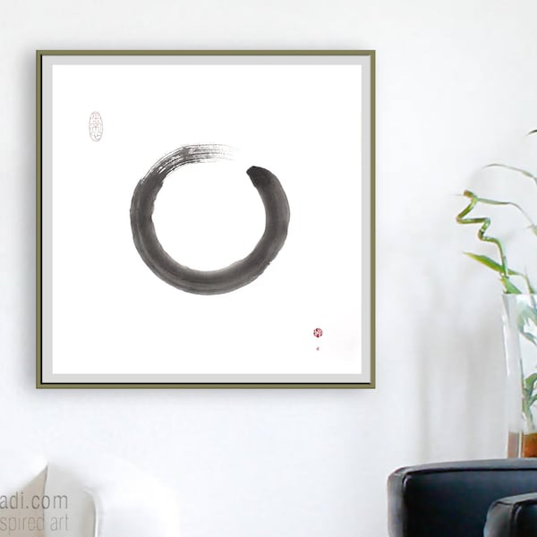 Enso Zen Circle — grande calligraphie manuscrite originale, art zen japonais, encre sur papier de riz, peinture Zenga abstraite de méditation feng shui