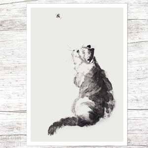 Lazy Cat — Druck in Postkartengröße von meinem original Sumi-e Kunstwerk
