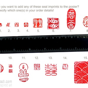 May include: A collection of 15 red Chinese seal imprints, numbered 1 through 15. The imprints feature various symbols and characters, including fish, a lotus flower, and the Chinese character for "luck".