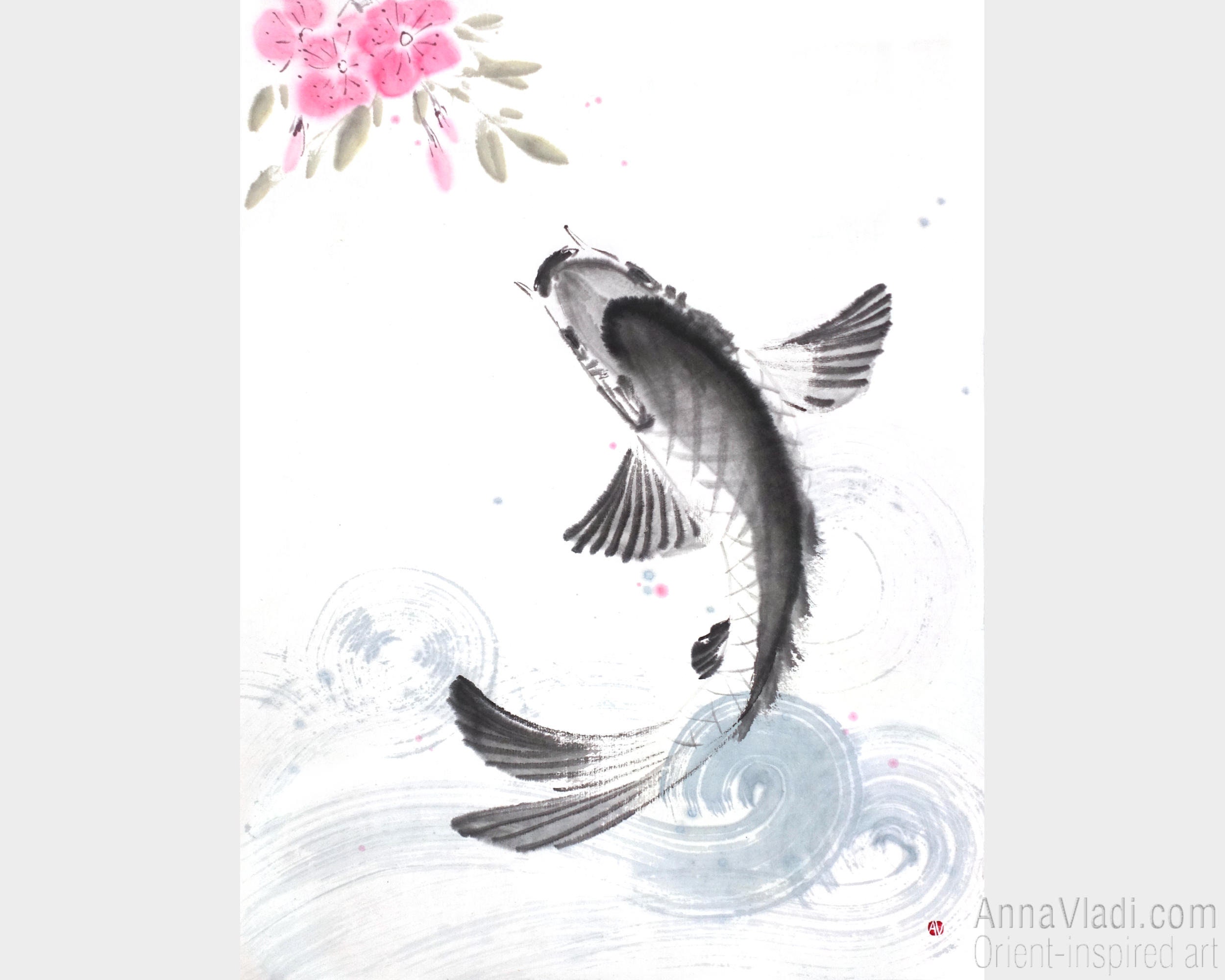 Koi Fish and Cherry Blossom Original Sumi-e Painting of Japanese Carp and  Sakura Flowers in Chinese Ink on Rice Paper, Large Wall Art -  Canada