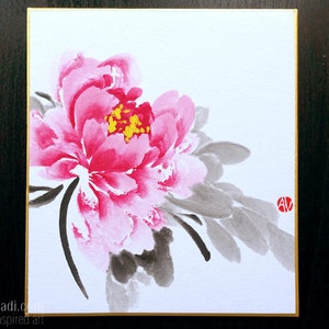 Pivoine rouge — Peinture originale Sumi-e sur tableau Shikishi japonais, pas une impression ou une copie