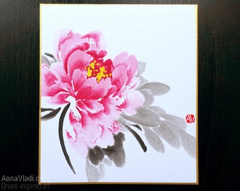 Red Peony — Sumi-e Original Painting on Japanese Shikishi Board, not a print or a copy