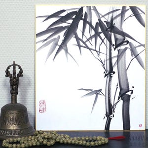 Bambu - Pintura a tinta original Sumi-e em tabuleiro Shikishi japonês, arte Zen, arte Feng Shui