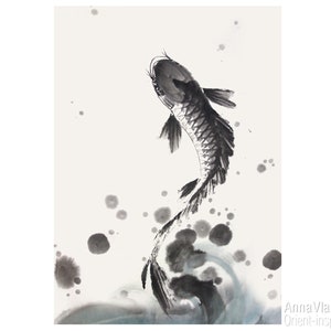 Koi Fish Sumi-e Print: Feng Shui Zen Art, add a free Japanese seal imprint
