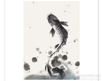 Koi Fish Sumi-e Print: Feng Shui Zen Art, add a free Japanese seal imprint