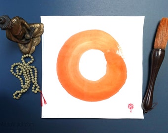 Círculo Zen Enso en rojo/naranja: caligrafía original manuscrita, papel de arroz con tinta japonesa, arte de meditación abstracta, pintura feng shui