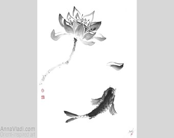 鯉と蓮の花の墨絵、日本の水墨画 - Etsy 日本