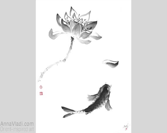 鯉と蓮の花の墨絵、日本の水墨画 - Etsy 日本