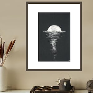 Luna che sorge sul mare — dipinto minimalista originale in inchiostro argentato su carta di riso giapponese