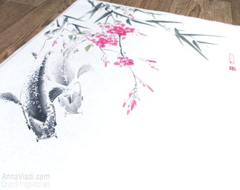 Koi Fish With Sakura and Bamboo: Original Sumi-e Feng Shui Koi Fish With Sakura and Bamboo: Original Sumi-e Feng Shui