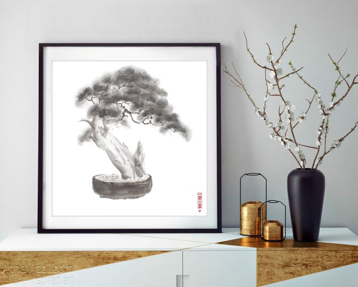 Japanese Bonsai Pine Tree Original Sumie Zen Garden Etsy