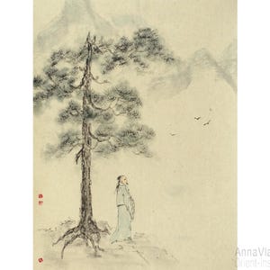 Monaco che medita in montagna sotto un pino — paesaggio sumi-e in inchiostro giapponese su carta di riso vintage fatta a mano