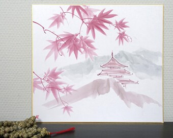Maple Grove Temple — Sumi-e Original Painting on Japanese Shikishi