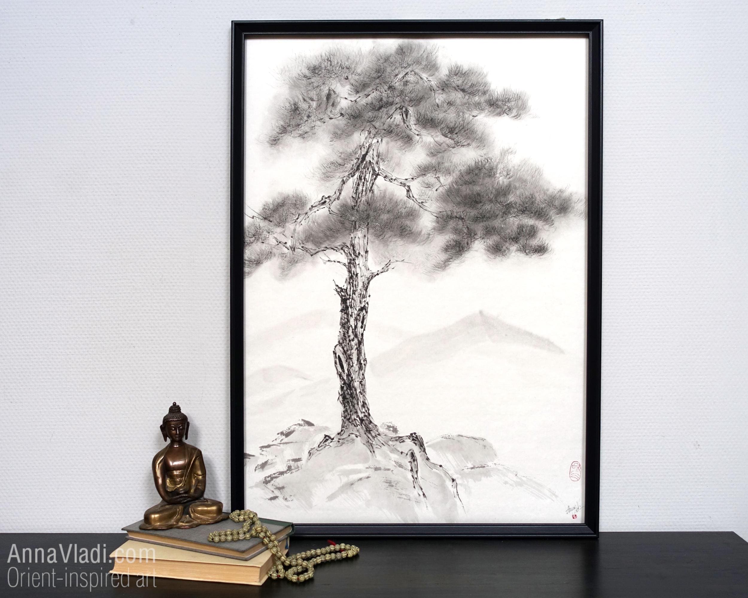 墨絵　Sumi-e a painting in black ＆white Mountain View Landscape — Original Sumi-e Painting, Zen