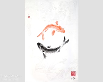 Two Koi Fish in a Circle: Original Sumi-e Painting of Koi
