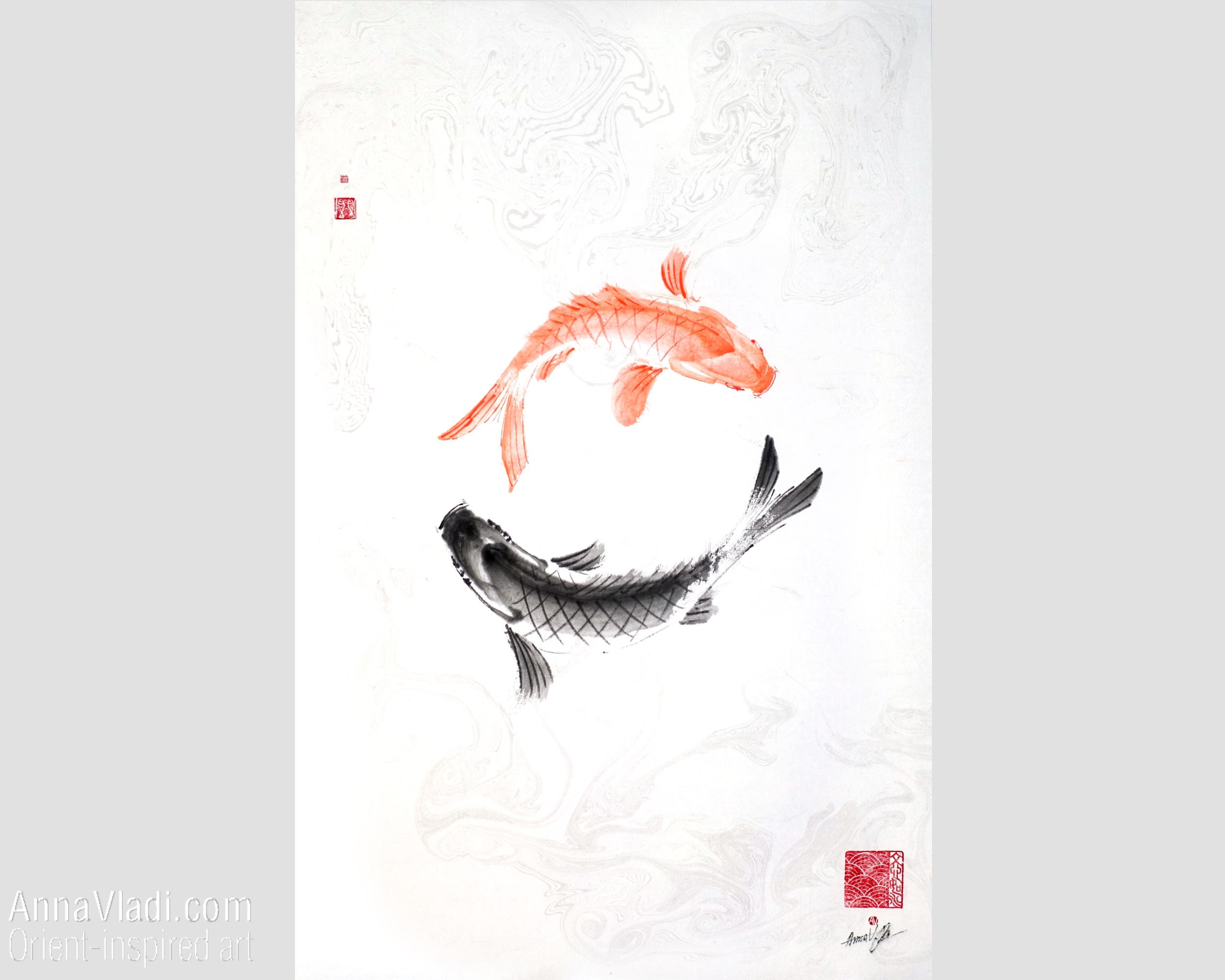 円の中にいる二匹の鯉：鯉のカップルのオリジナル墨絵、円相禅円