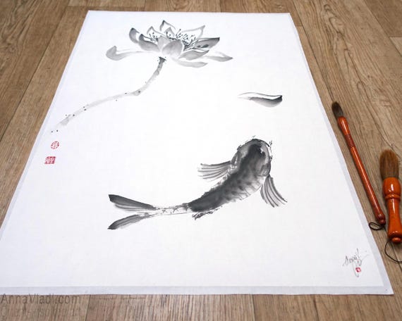 鯉と蓮の花の墨絵、日本の水墨画 - Etsy 日本