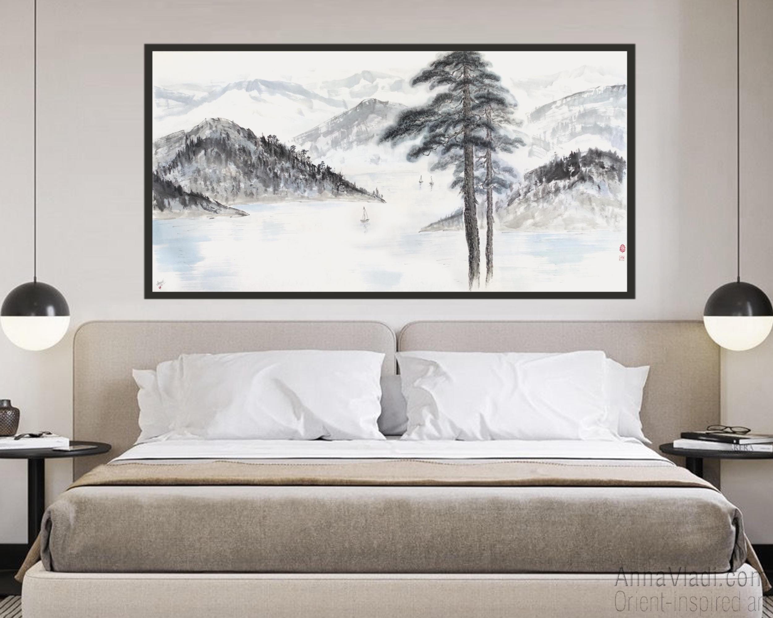 Large Sumi-e Landscape Painting: Pine Trees, Mountains, Japanese