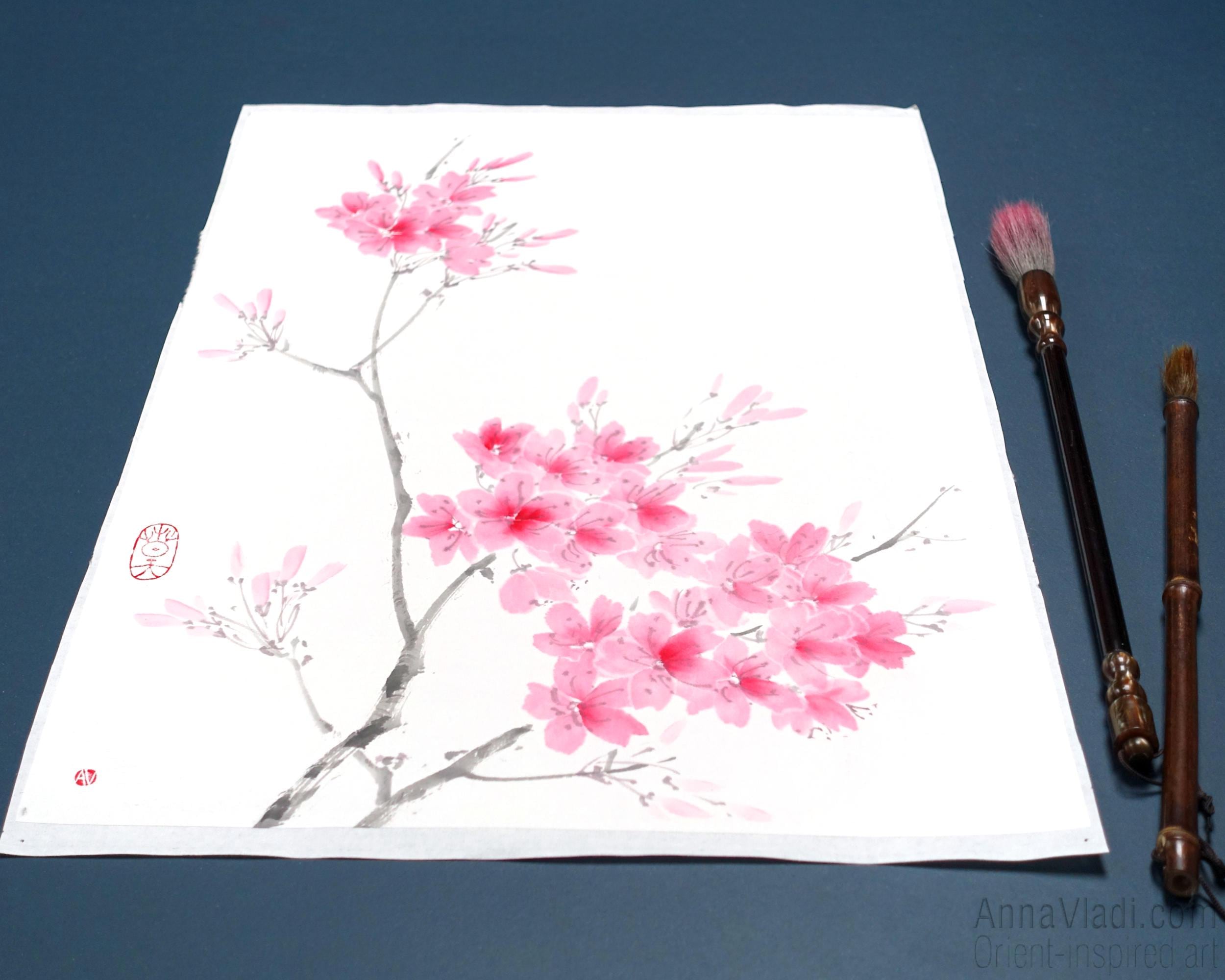 桜の墨絵：和紙に描いた桜の水彩画 - Etsy 日本